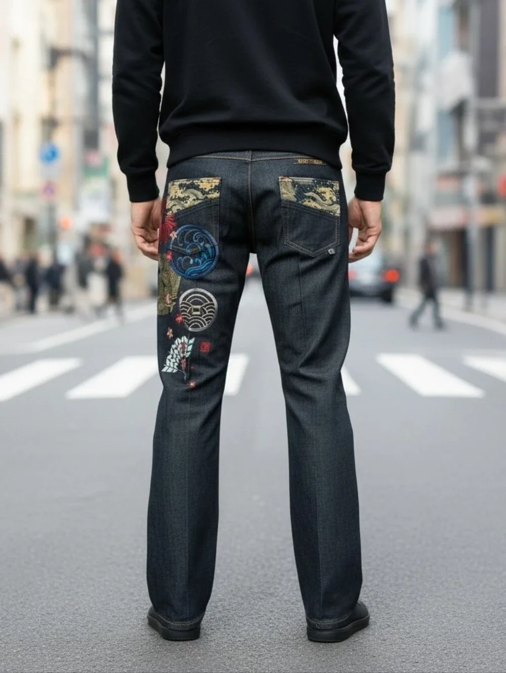 Very Rare..Dark Indigo Flare Jeans with Multicolor Japanese Floral Embroidery